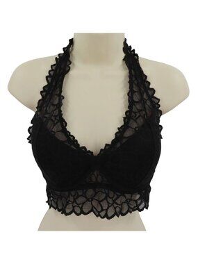 PINK Victorias Secret Small D-DD Black Flower Lace Halter Bralette Bra Underwire